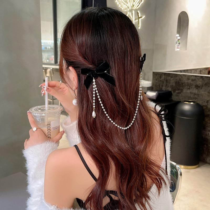 Velvet Bow Hair Clips Pearl Tassel Chain Hair Bow Barrettes Black Bows Claw Clip Hairpins Sweet Bowknot Snap Hair Clip Small Cute Alligator Hair Clips Hair Accessories Gift for Women Girls Toddlers - color: Black