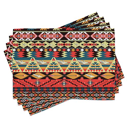 Ambesonne Ethnic Place Mats Set of 4, Classic Traditional Pattern Image Bird Flower Arrow Natural Ethnic, Washable Fabric Placemats for Dining Table, Standard Size, Teal Red