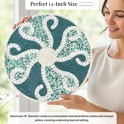 Beaded Placemats 13 Inch Round - Handmade Table Mat for Dining Table, Centerpiece, Wedding, Holiday, Thanksgiving, Gold Silver Beige Glass Beads (Teal Ivory) - ALPHA Living HOME - color: Teal Ivory, size: Set of 1