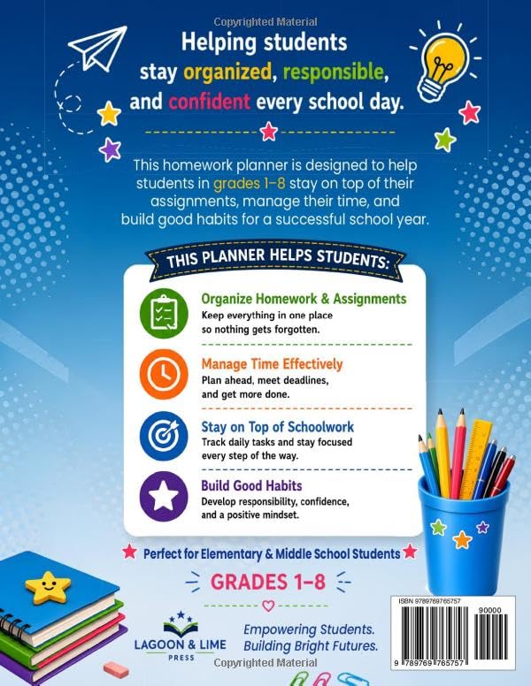 Homework Planner for Kids: Colorful Undated Assignment Tracker & Student Organizer for Grades 1–8: Weekly Assignment Notebook for Elementary & Middle ... to Build Organization & Good Study Habits