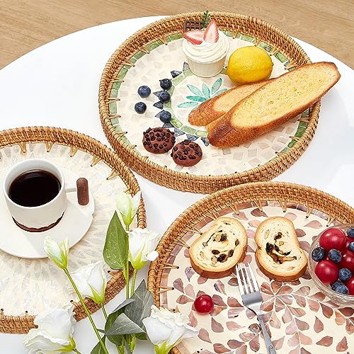 Kmelep Round Rattan Tray with Mother of Pearl Inlay, Rattan Serving Tray with Wooden Base, Decorative Wicker Basket for Table Decor, Storage and Display of Coffee Bread Food Fruit (Bohemia) - color: Bohemia, size: 11.8"