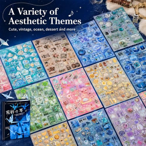 30 Sheets Japanese Aesthetic Sticker Book,Foods Seashells Starfish Patterns for Scrapbooking,Journaling,DIY Crafts Decoration - color: Wind