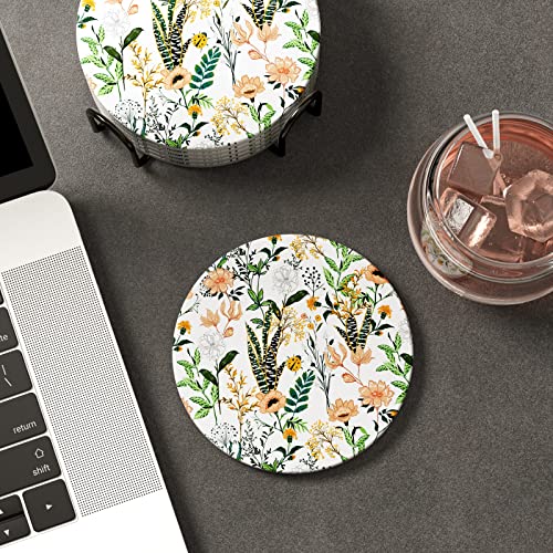 Coasters for Drinks, Set of 6 Cute Absorbent Ceramic Drink Coasters - color: Flower Illustration 02