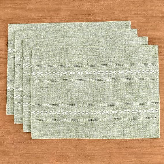 Wracra Cotton Linen Place Mats, Sage Green Embroidered Placemats Set of 6 - color: Hemstitched Sage Green, size: Placemats(Set of 6)