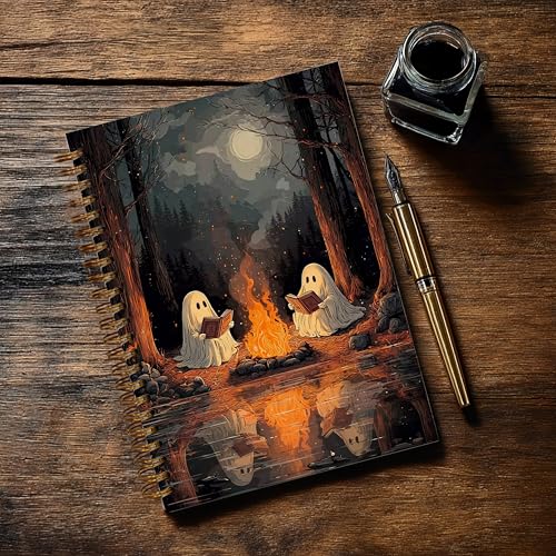 Notebook Journal for Women - A5 Spiral Notebook with Ghost in forest Design, Vintage Dark Romantic Ghost Wildflowers, Gothic Office & School Supplies, Unique Gifts for Women Birthday, Christmas (Black-Ghost2) - color: Black-Ghost2
