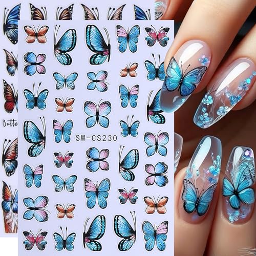 Butterfly Nail Art Stickers Decals 12 Sheets 3D Self-Adhesive Nail Decals Purple Blue Gradient Butterflies with Flower & Leaf Designs Stickers for DIY Manicure Acrylic Gel Nail Decorations for Women - style: Butterfly Flower