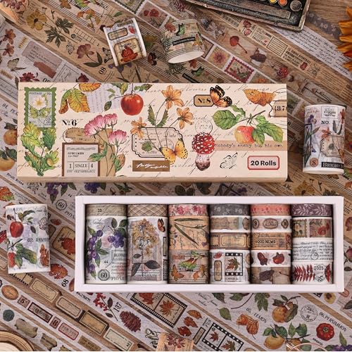 20 Rolls Vintage Washi Tape Set, Floral Letter Butterfly Mushroom Botanical Flower Writable Decorative Tapes for Scrapbooking , Junk Journal Supplies, Bullet Journaling 10-60mm Wide 6.56ft long/Roll - style: Botanical Style 2