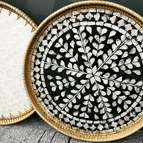i-lan 16" Rattan & Mother of Pearl Serving Tray with 1.2" Raised Sides - Round Handwoven Black Accent Tray - Sophisticated Organizer for Home Bars, Coffee Tables & Lounge Decor - color: Black