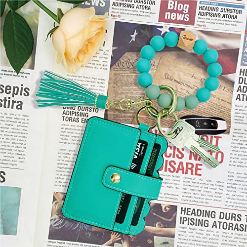 Keychain Wallet Wristlet Small Credit Card Holder Bracelet Key Chain Purse Bangle Tassel Beads Key Rings for Women - color: 01-green