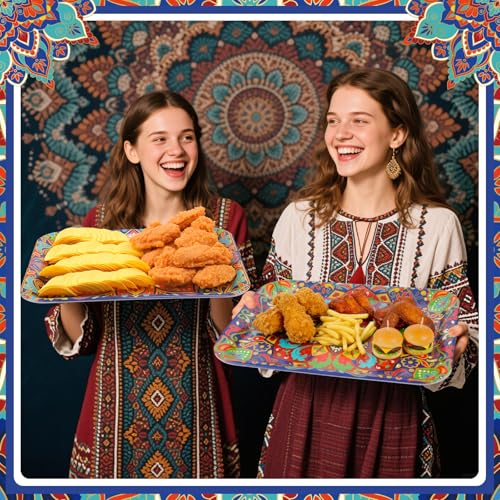 Vesici 4 Pack Mandala Melamine Serving Trays, 13 x 10 Inch Rectangular Decorative Platters with Colorful Bohemian Patterns, Durable Serving Plates for Snacks, Appetizers, Parties & Home decoration - style: Mandala