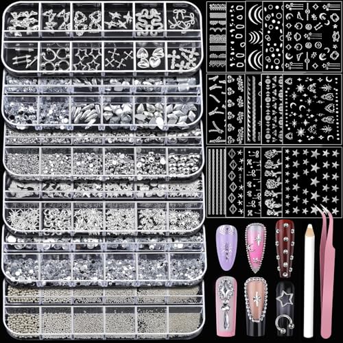 Teentior Nail Charms and Gems Silver Rhinestones for Nails with 15 Sheets Nail Stickers, 6 Boxes Nail Gems Y2K Accessories Pearls for Nails, Cross Nail Charms for Nails Design Caviar Beads for Nails - color: Silver