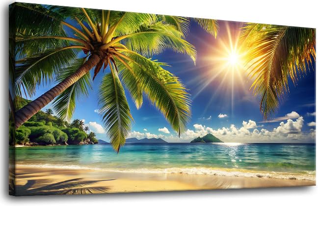 Yxbhhym Coastal Wall Art Tropical Beach Pictures for Living Room Summer Ocean decor Palm Tree Canvas Print Bearoom Wall Decor Sunrise Sunlight Scenery Poster Office Artwork Framed Home Decorations - color: AbePal, size: 40"L x 20"W