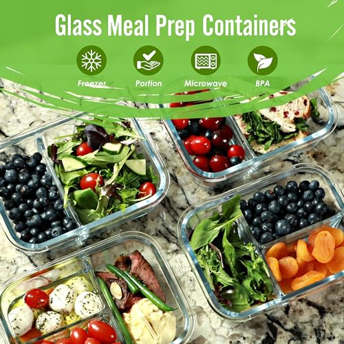 Glass Meal Prep Containers 2 & 3 Compartment, Leak-Proof Lids 32 oz 4 Pack - color: Gray (2,3 compartment - 4 pack, 32oz)