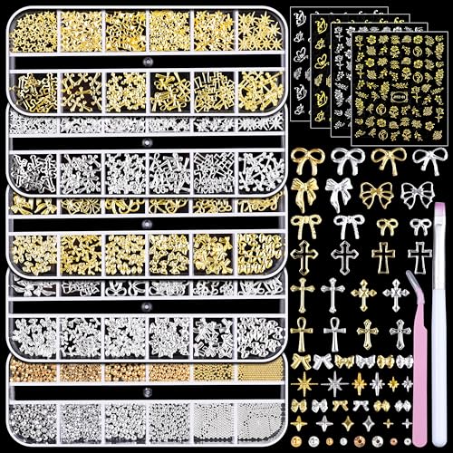 5 Boxes Gold & Silver Metal Nail 3D Punk Studs Star Cross Bow Gems and Small Caviar Beads Pearls Rhinestones Nail Art Jewels with Tweezers and Nail Brush and a Wax Pen Picker(9-Gold & Silver Studs) - color: 9-gold & silver studs