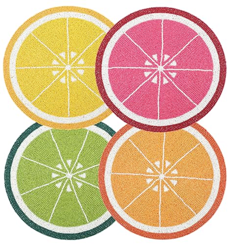 Beaded Charger Placemats - Set of 4 Handmade Round Glass Bead Table Mats for Dining, Coffee Table Decor, Heat-Resistant, Elegant Holiday Table Setting (Multi) - ALPHA Living HOME - color: Tangerine Yellow, size: Set of 1