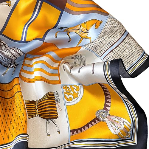 JERLA 100% Mulberry Silk Neck Scarf 21"x21" Small Square Scarfs for Women Gift Packed - color: Horse Blue and Yellow