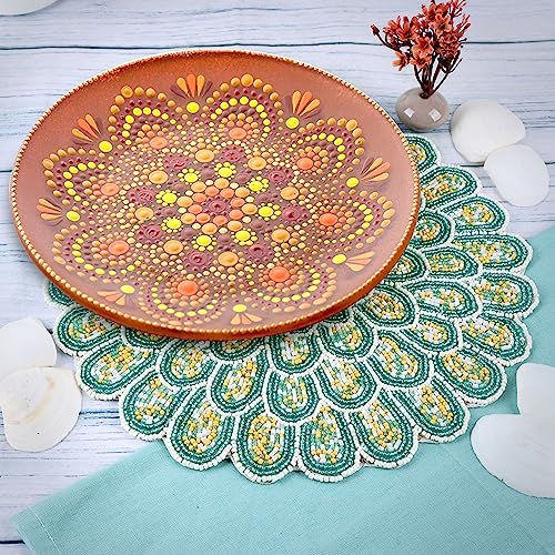 13 inch Round Beads Placemats Handcrafted Glass Beaded Polyester Table Mats - Place Mats for Harvest Autumn Kitchen Dining Party Table Decor Festival Everyday Use (Green White) - ALPHA Living HOME - color: Teal Light Ivory, size: Set of 1