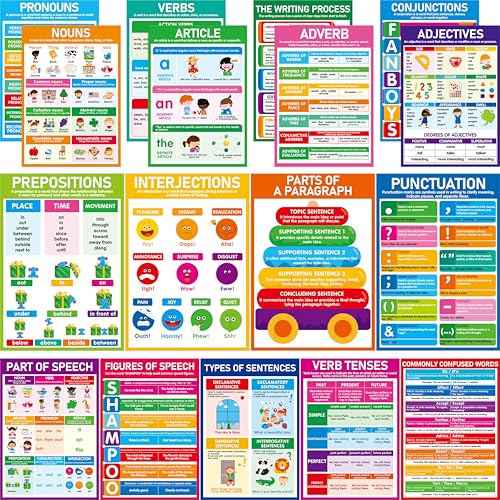 17 Part of Speech Posters, PET Film Covered English Grammar Poster Language Learning Tool for Middle Classroom, School, Bulletin Board, Kid’s Room, Teacher Supplies, English Language Art Wall Decor - color: 17 Part of Speech Posters