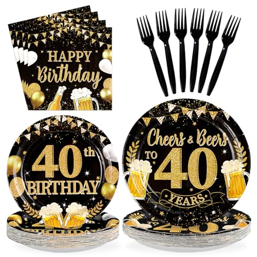 96Pcs Black Gold 40th Birthday Party Decorations,Serves 24 - style: Beer Black Gold 40th Birthday