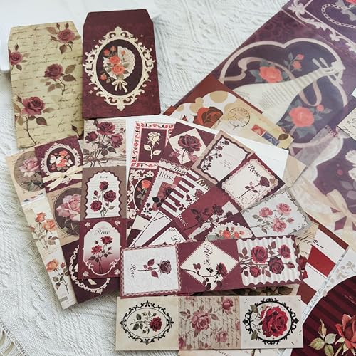 Rose Botanical Bullet Junk Journal Kit, Red Aesthetic Scrapbooking Supplies