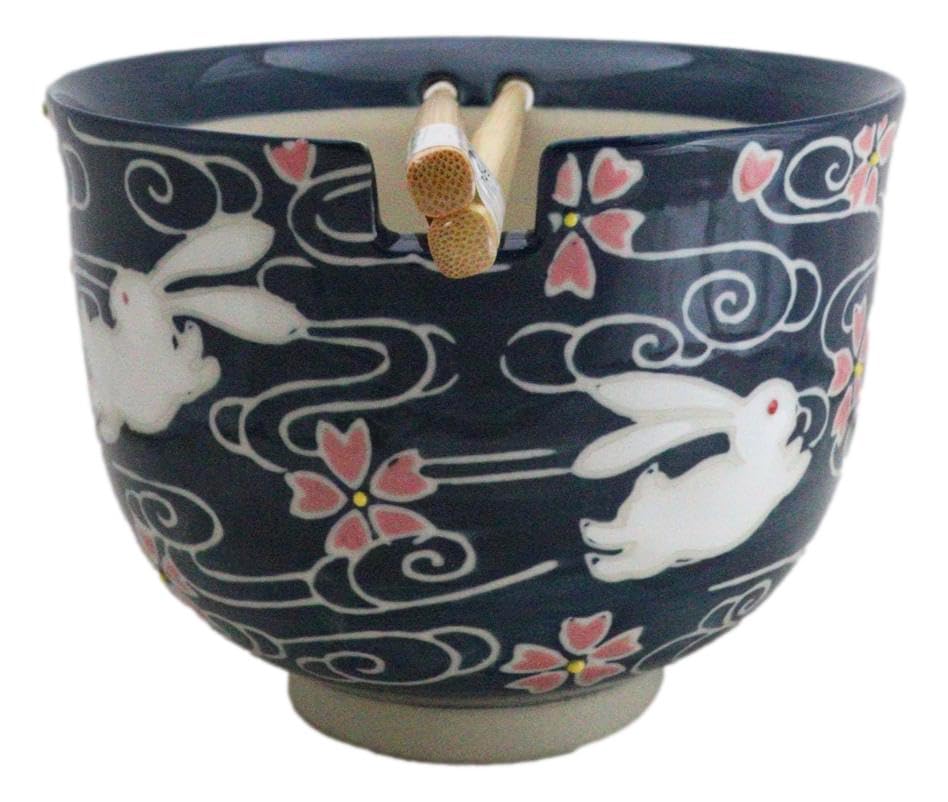 Ebros Gift Artistic Donburi Ramen Udon Noodles Soup Salad 5" D 18Oz Bowl With Bamboo Chopsticks And Built In Rest Set Asian Dining Kitchen Accent (White Rabbit With Sakura Cherry Blossoms) - color: White Rabbit With Sakura Cherry Blossoms
