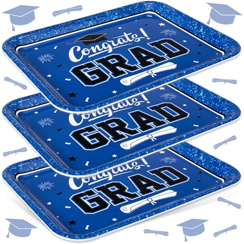 JarThenaAMCS 3Pcs Graduation Serving Trays Reusable Melamine Platter Blue Congrats 2026 Grad Diploma Bachelor's Hat Serving Dishes for Graduate Party Sharing Snacks Fruits Dessert - style: Blue Graduation