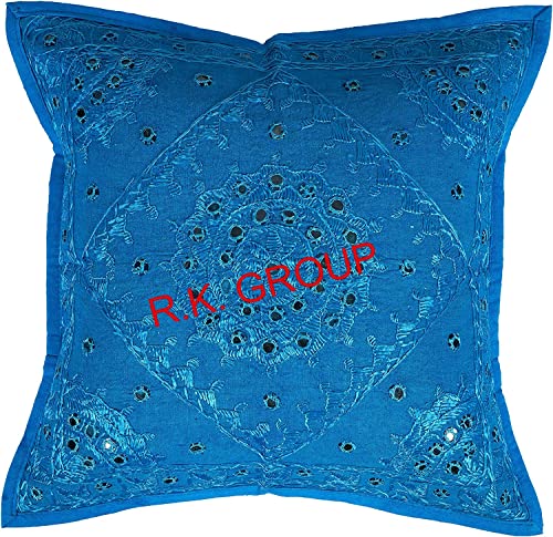 Embroidered Decorative Throw Pillow Cover with Mirrors, Handmade Bohemian Accent Cushion Case for Sofa Couch Bedroom Living Room Boho Chic Pillow Cover (Color : Turquoise Size-18 x 18) - color: Turquoise, size: 18" x 18" (Pack of 1)
