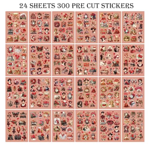 Vintage Ephemera Sticker 24 Sheets precut 300 washi Stickers Paper Journal Stickers for Adults People Scrapbook Stickers Scrapbooking Supplies - color: Red