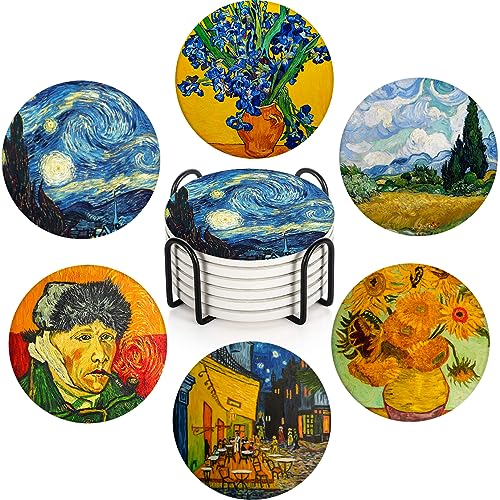 Coasters for Drinks, Set of 6, Ceramic Stone Painting Cafe House - color: Painting Oil