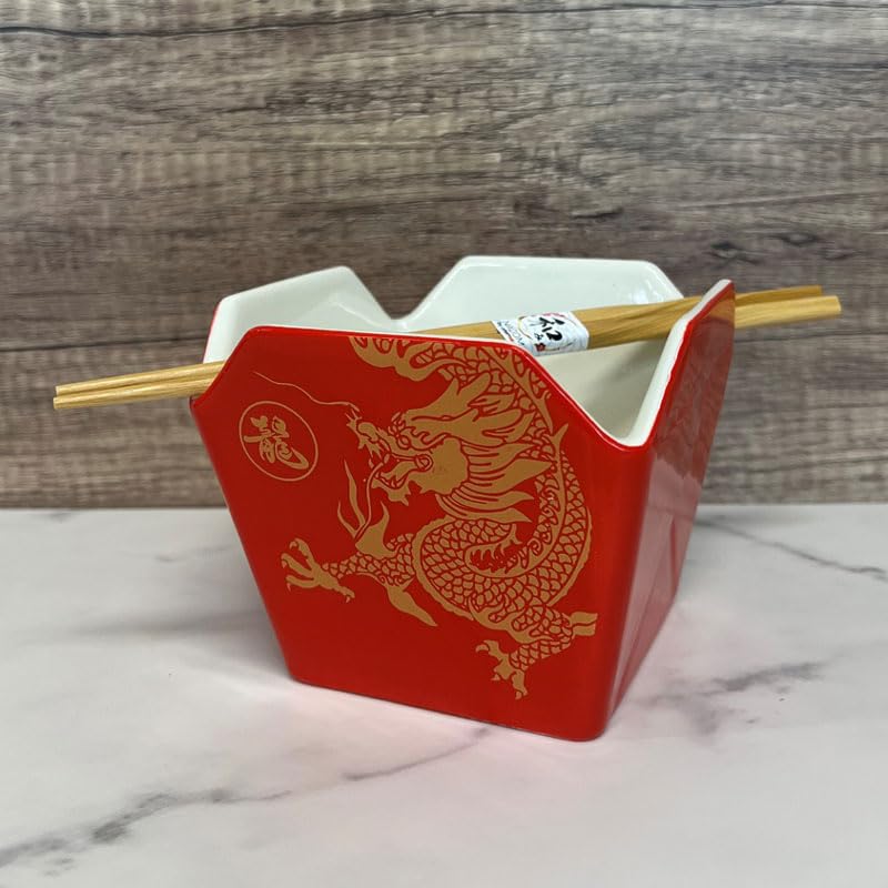 Urban Tokyo Chinese Takeout Box Style Porcelain Bowl With Chopsticks 18 fl oz Square Shape Rice Noodles Pasta To Go Box Shaped Bowl Microwave Dishwasher Safe (Red Dragon) - color: Red Dragon