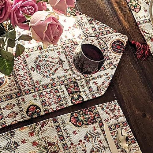 DaDa Bedding Elegant Floral Tapestry Placemats - Set of 4, Mughal-Inspired Woven Cotton Linen Dining Mats, Multi-Colored Vintage Garden Design - 13” x 19 - color: Light Botanical