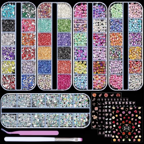 5 Boxes Shiny Colorful Nail Art Rhinestones Kit 3D Flatback Horse Eye Rhinestones Irregular Nail Stone and 4 Sheets Flower Nail Stickers with a Curved Tweezers and a Nail Brush (Multicolor) - color: 4-multicolor
