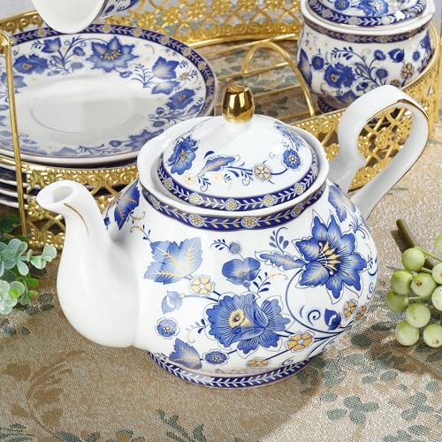 fanquare Porcelain Tea Sets,Blue British Coffee Cups& Saucer Service for 6, with Teapot,Sugar Bowl,Creamer Pitcher and Golden Metal Rack - color: Blue Vine