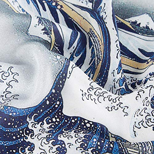 JWSilk Long Charmeuse Silk Scarf Classic Art Print - color: Great Wave Off Kanagawa