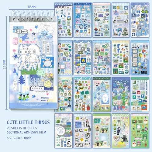 20 Sheets INS Style Cute Cartoon Sticker Book – Kawaii Stickers for Journaling Junk Journal Scrapbooking Planner DIY Crafts Teens - color: Blue