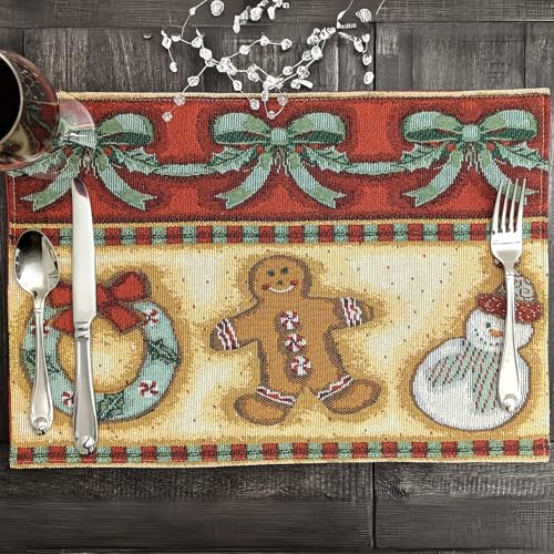 DaDa Bedding Gingerbread Snowman Sweets Placemats - Set of 4 Festive Christmas Wreath Holiday Tapestry - Cotton Linen Woven Dining Table Mats - 13” x 19” (12917) - color: Gingerbread