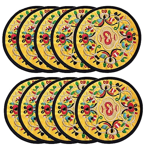 Zhiheng 10 Pack Vintage Ethnic Fabric Coasters Floral Embroidery Cloth Coasters Round Coffee Cup Mat Drink Tableware for Housewarming Party Table Home Decorations (Yellow) - color: Yellow