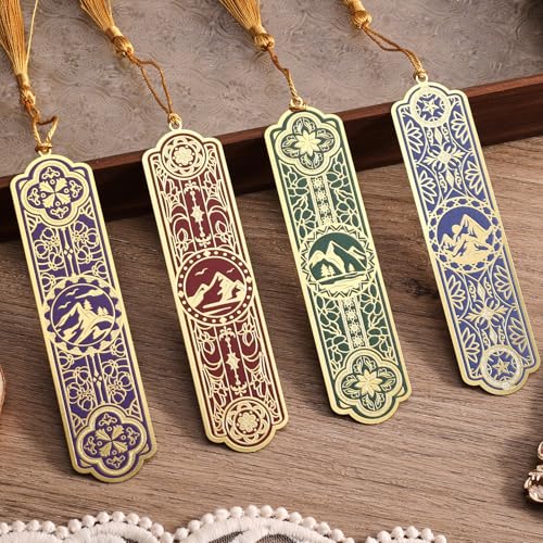 4 Pieces Metal Bookmarks with Tassel Big Size, Golden Vintage Aesthetics Scenery Mountain Theme Book Mark, Bookmark for Women Book Lovers Gift Writers Readers Teens Men - style: 4Pcs Mountain