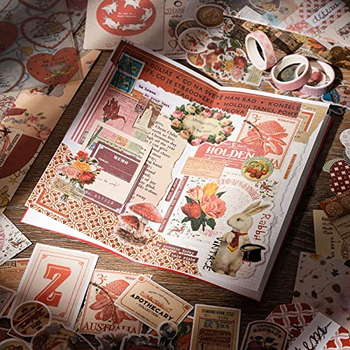 JOYCHOIC Vintage Scrapbook Supplies Aesthetic Journaling Kit, Scrapbook Papers Quote Stickers TN Notebook Large Collection for Bullet Junk Journal, Planner DIY Arts Craft Collage - color: Red