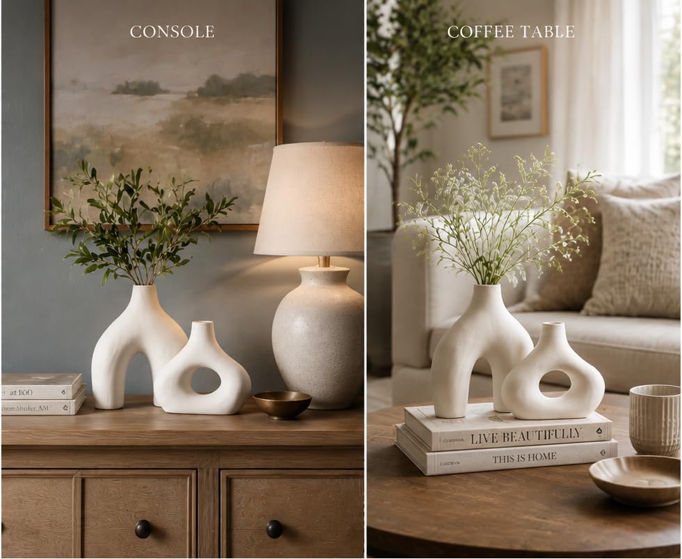 Carrot's Den Ceramic Modern Vase Set of 2, Donut Shelf Decor, Warm White - color: Warm White