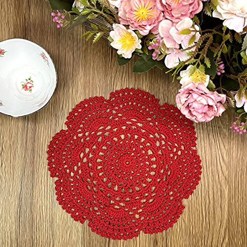 Phantomon 8 Inch Doilies Crochet Round Lace Doily Handmade Placemats 100% Cotton Crocheted Coasters, Pack of 4 (Red) - color: Red