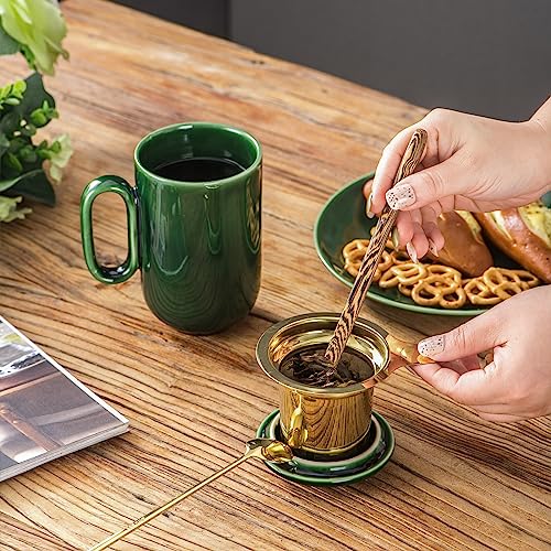 vicrays Ceramic Tea Mug Infuser - Large Cup 16 oz Hot Loose Steeping Handle Teacup with Leaf Infuser Spoon Lid - Tall Glazed Strainer Coffee Mug Microwave Safe - Green - color: Green