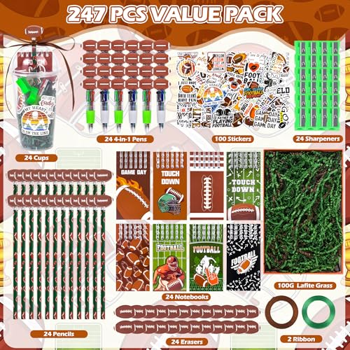 LiYiQ 24 Set 247 Pcs Football Party Supplies Return Gifts for Party, Student Stationery Gifts from Teacher Rewards Prizes, Pencil Erasers Notebooks Stickers for Football Classroom Birthday - style: Football
