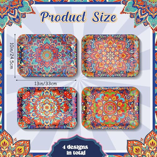 Vesici 4 Pack Mandala Melamine Serving Trays, 13 x 10 Inch Rectangular Decorative Platters with Colorful Bohemian Patterns, Durable Serving Plates for Snacks, Appetizers, Parties & Home decoration - style: Mandala