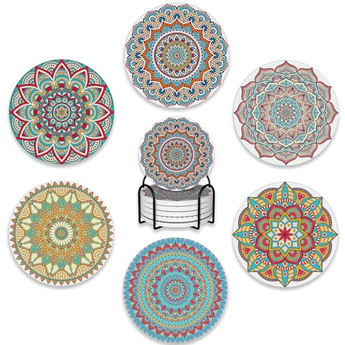 Drink Coasters Set of 6 with Holder,Mandala Boho Flower Absorbent Ceramic Coasters with Cork Base,Fit All Cups,Tabletop Protection Mat for Mugs and Cups,Office,Kitchen - color: Mandala Boho Flower
