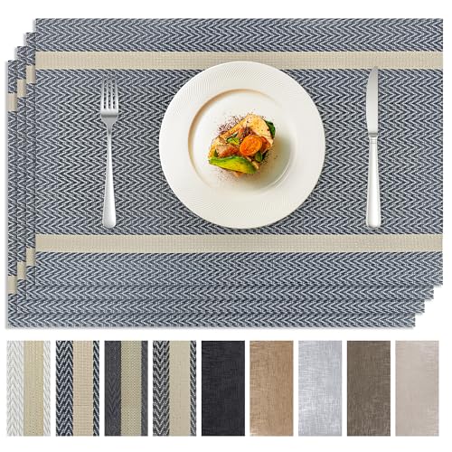 Blue Placemats Set of 4, Washable PVC Vinyl Woven for Dining Table, Stain Resistant Flat Pack No Curled Edges, Heat Resistant Non Slip, 17 x 12 Inch - color: Blue