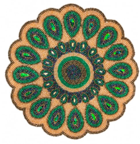 ALPHA Living HOME 13 Inch Round Beaded Placemat, Green Gold Table Decor Mat - color: Golden & Green, size: Set of 1