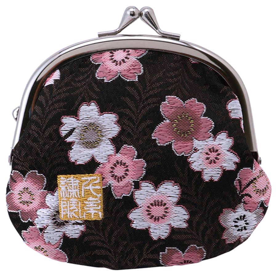 Nishijin brocade round clasp purse/coin purse with lining, size L. (Kuromomozakura) - color: Kuromomozakura