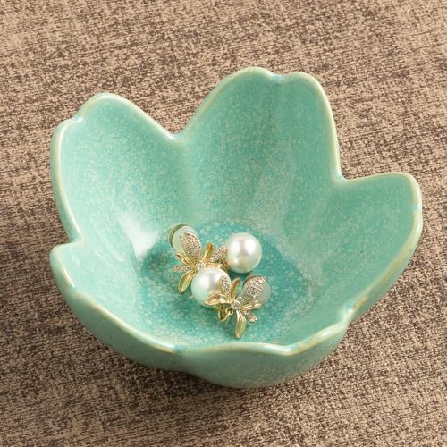 Floral Ceramic Jewelry Tray, 3.5" Ring Holder Trinket Bowl - color: cyan
