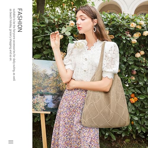 hatisan Crochet Bag for Women, Handmade Knit Beach Tote Bag Summer - color: Light Khaki